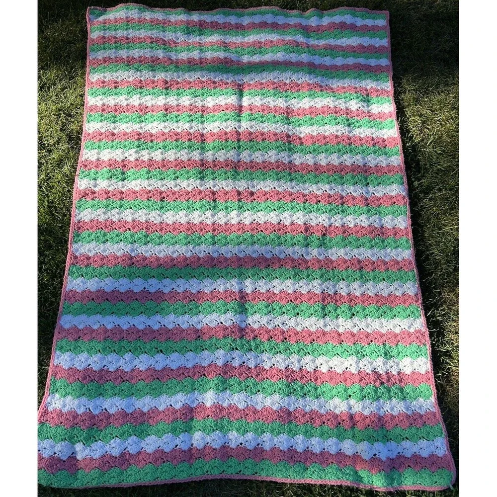 Crochet Afghan Blanket Throw Pink Green White Cottagecore 76” x 50” Inches